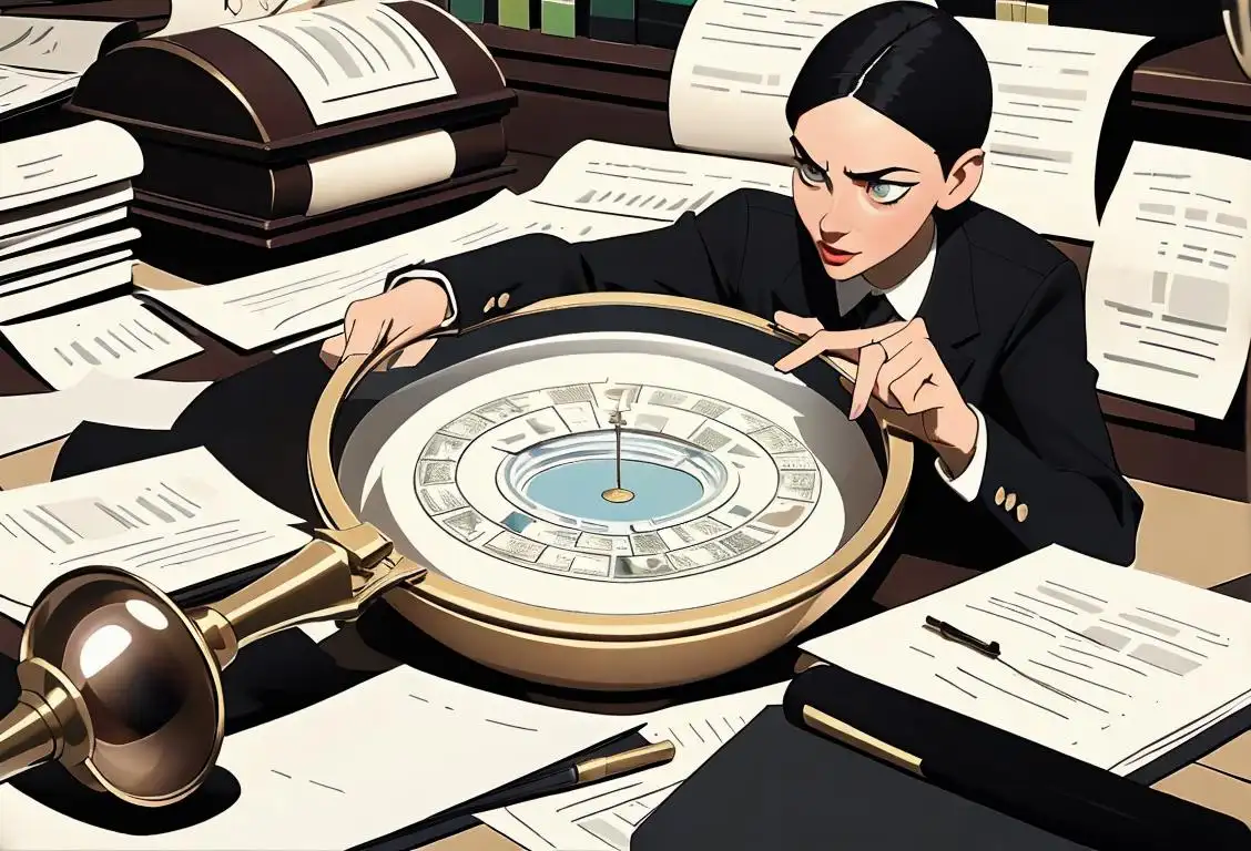 Person dressed in business attire, holding a magnifying glass, pointing at a maze of paperwork, office setting..