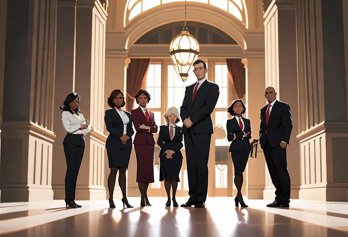 A group of diverse public defenders, confidently dressed in professional attire, standing in front of a courthouse with the scales of justice in the background..