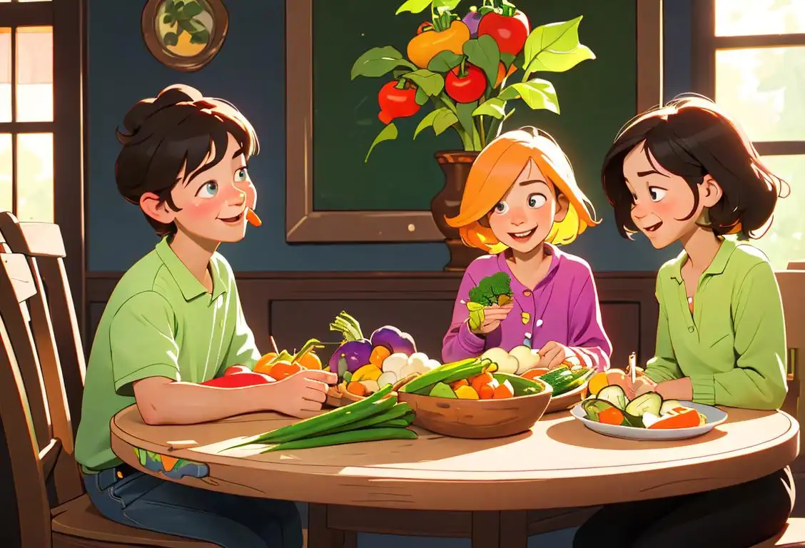 A happy family sitting around a table covered in a colorful variety of vegetables, enjoying a wholesome meal together..