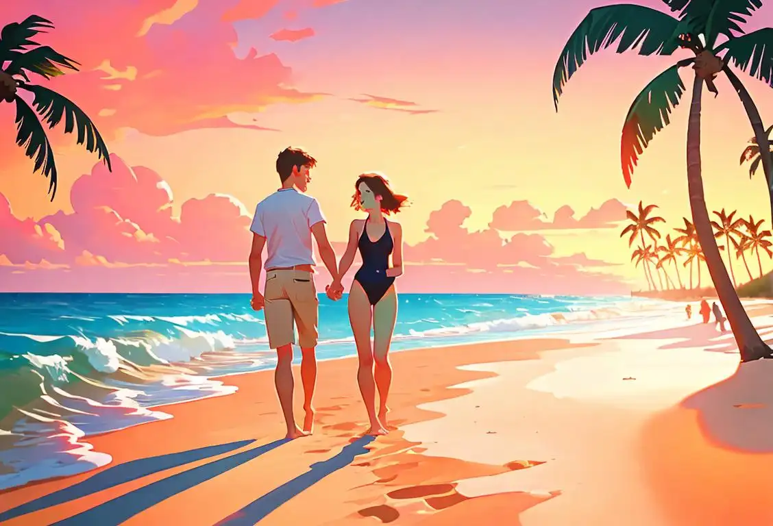 Young couple holding hands, walking on a sandy beach, wearing colorful swimwear, with palm trees and a vibrant sunset in the background..