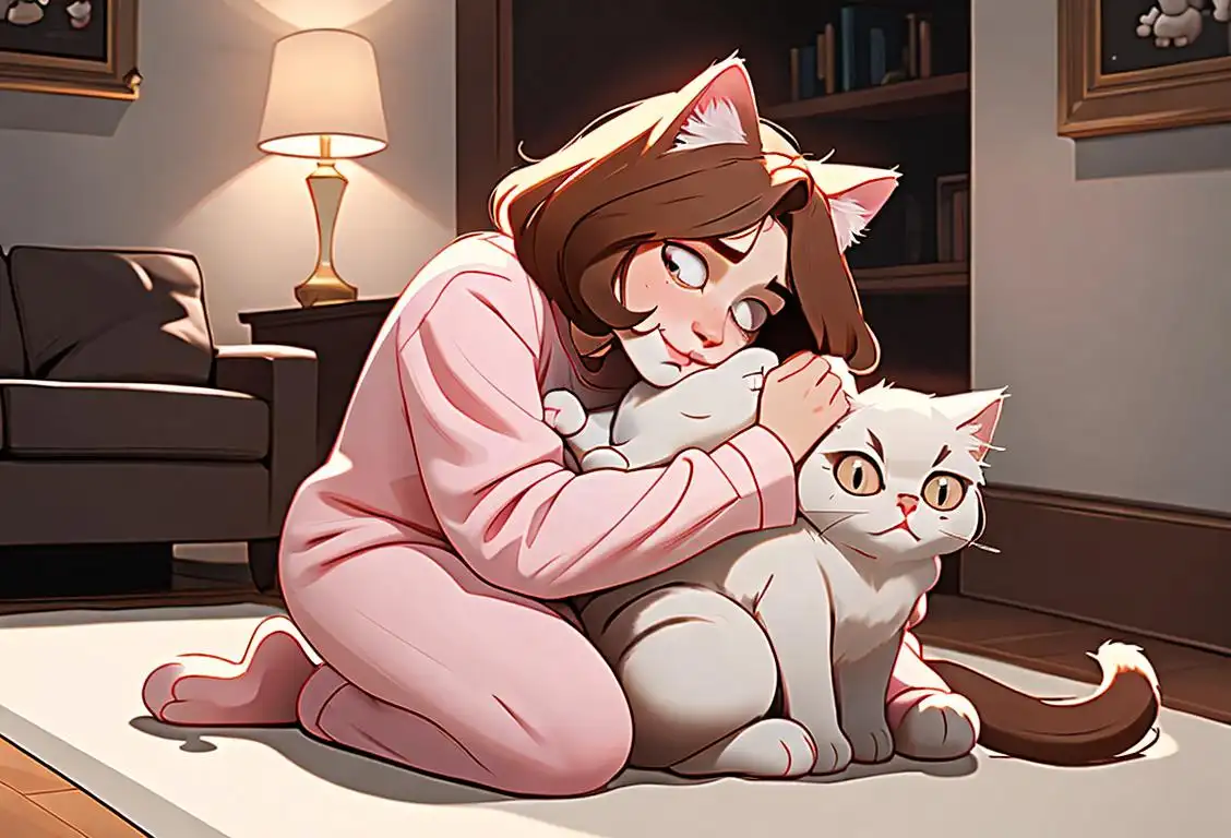 A person hugging a fluffy cat, wearing cozy pajamas, in a living room filled with cat-themed decorations..