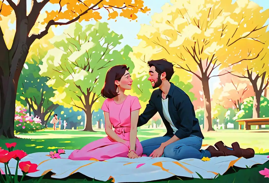 A loving couple enjoying a picnic in a beautiful park, surrounded by flowers and holding hands..