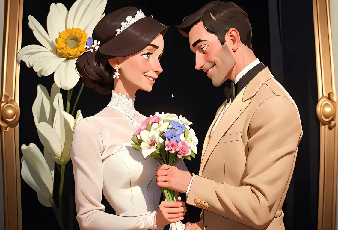 A heartwarming image of a loving couple, the husband holding a bouquet of flowers and smiling at his wife. The wife is looking at him with adoration, their eyes locked in a moment of pure love. They are dressed in elegant, stylish outfits, reflecting their timeless and classic fashion sense. The setting is a cozy living room with warm lighting, symbolizing the comfort and love that marriage brings. The image captures the essence of National Husband's Day, celebrating the bond and appreciation between spouses..