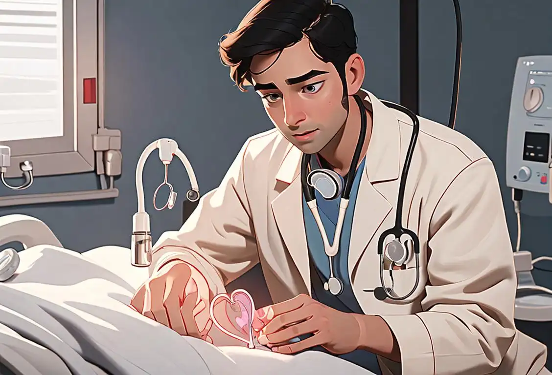 Young medical professional wearing white lab coat, using stethoscope to listen to patient's heart, hospital room setting..