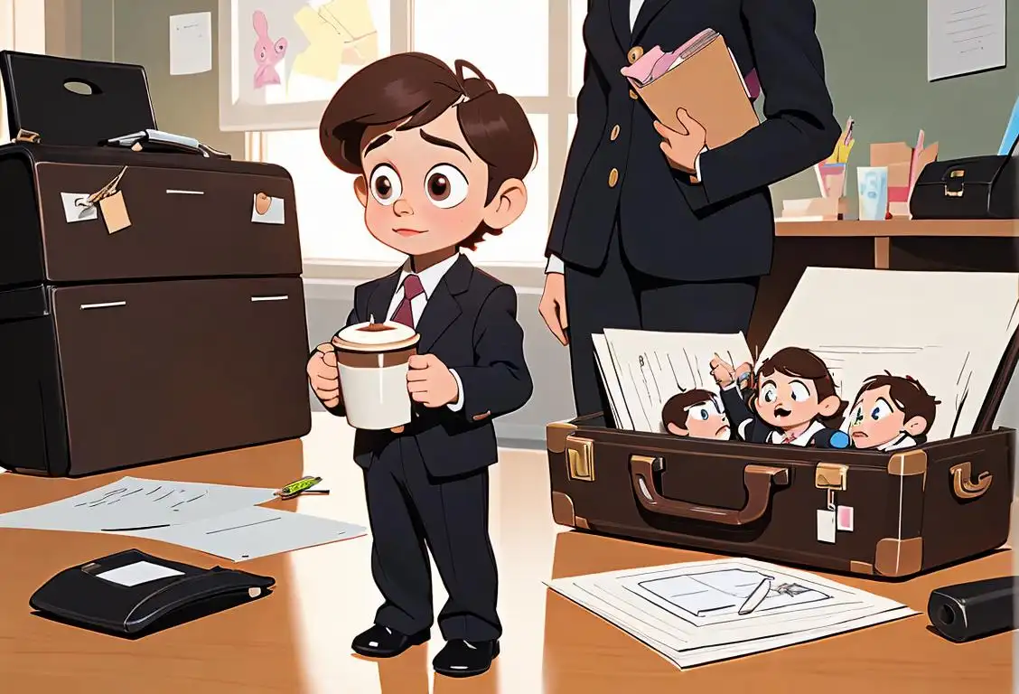 Child wearing a small suit or blouse, holding a briefcase, surrounded by office supplies and a coffee mug..