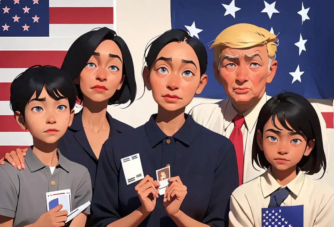 A diverse group of people of all ages and ethnicities holding their voter ID cards, dressed in casual attire, against a backdrop of a vibrant American flag..