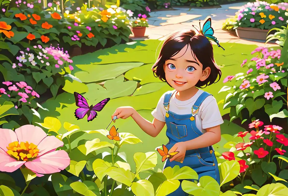 Young child in overalls, happily planting flowers in a vibrant garden surrounded by butterflies and smiling birds..