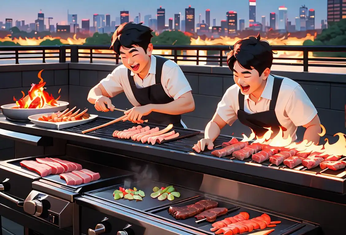 Group of friends laughing around a sizzling Korean BBQ grill, wearing aprons, with a vibrant city skyline in the background..