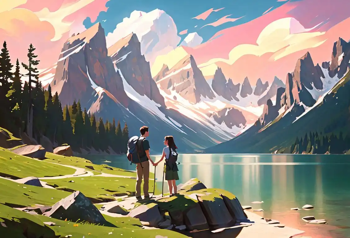 Young couple standing on a rocky cliff, wearing hiking gear, surrounded by breathtaking mountains and a crystal clear lake..