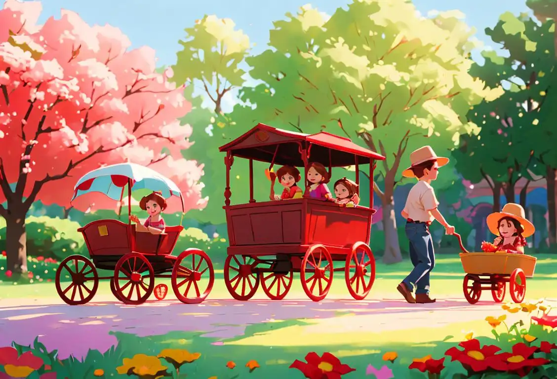 Group of children happily pulling a Little Red Wagon through a sunny park, wearing colorful summer outfits, surrounded by blooming flowers..