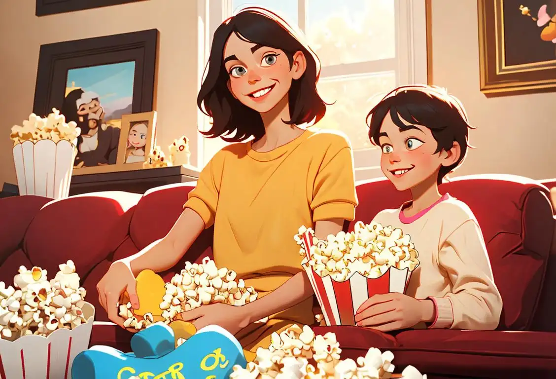 A smiling family surrounded by colorful popcorn kernels, wearing casual clothes, in a cozy living room setting..