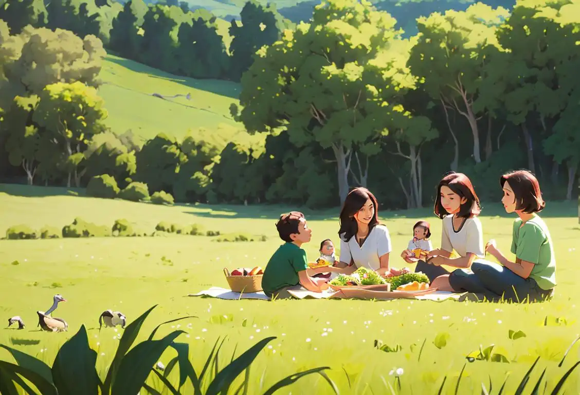 A family picnicking in a lush green meadow, wearing casual outdoor clothing, surrounded by diverse wildlife and breathtaking natural scenery..