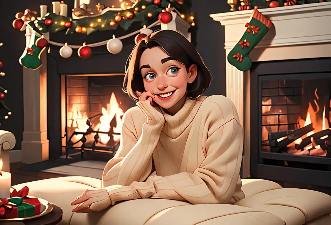 Cheerful person wearing a festive sweater, posing in a cozy living room decorated for the holidays with twinkling lights and a crackling fireplace..