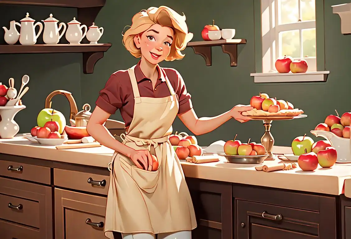 A joyful scene of a baker, wearing a vintage apron, diligently rolling out a pie crust with a rolling pin, surrounded by a variety of apples..