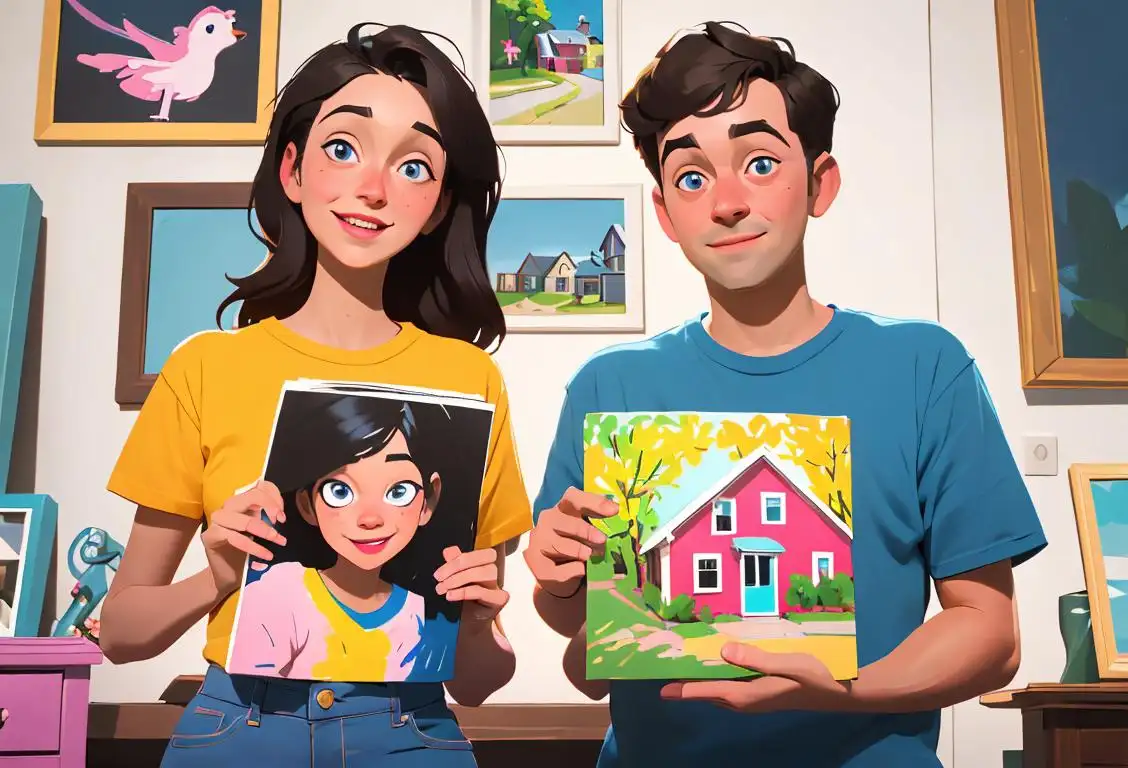Happy couple holding keys to a cute house, wearing matching DIY t-shirts, surrounded by paint swatches and home decor magazines..