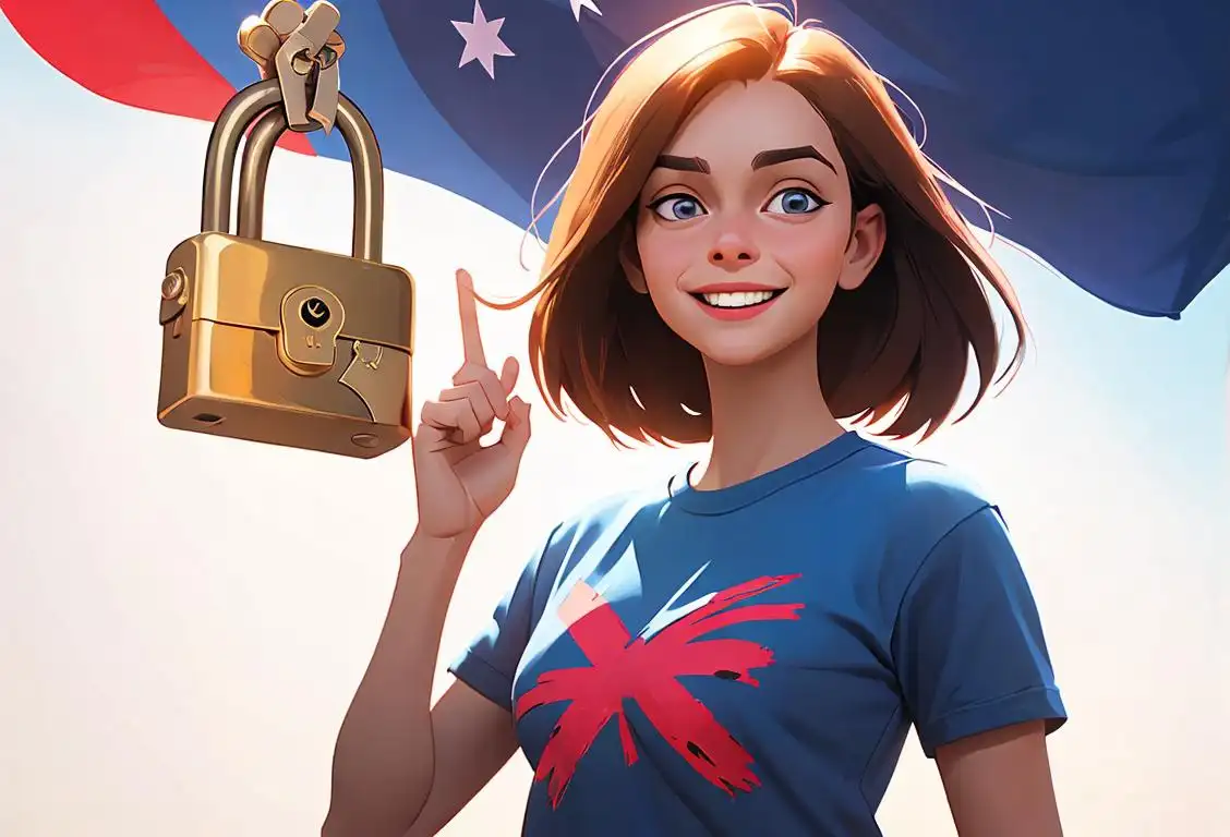 Smiling young woman with a patriotic t-shirt, holding a locked padlock, standing in front of a digital network background..