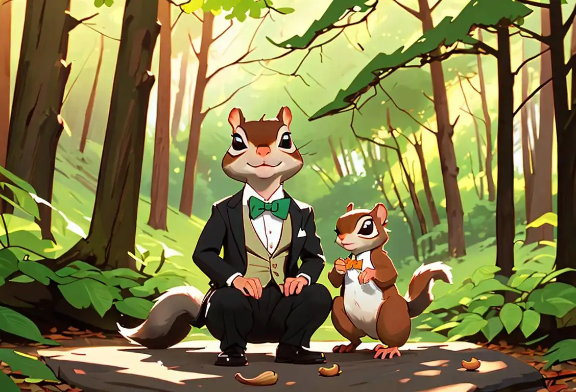 Young adult holding a cute squirrel wearing a bowtie, surrounded by nature, forest setting..