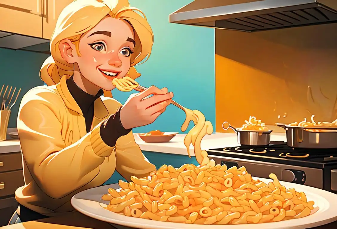 Happy macaroni enthusiasts, twirling forks, cheesy goodness, young woman joyfully eating macaroni pasta, colorful modern kitchen setting..