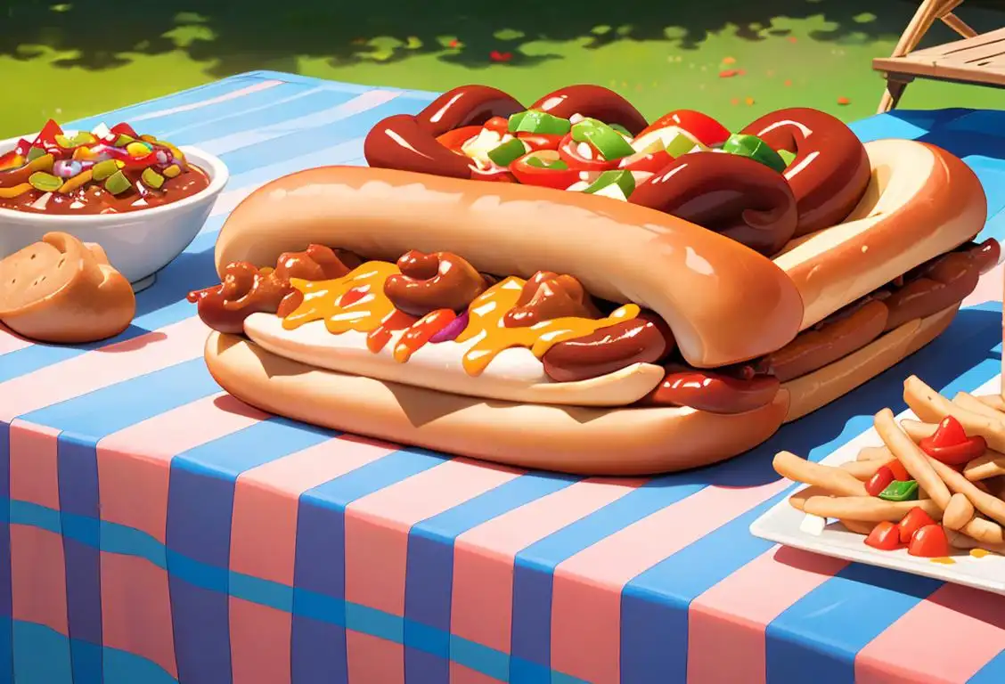 A person holding a chili dog with a mouth-watering combination of toppings, surrounded by a picnic setup with checkered tablecloth and friends enjoying the summertime..