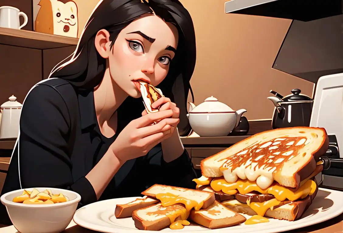 Young woman taking a delicious bite of a grilled cheese sandwich, wearing a retro apron, cozy kitchen setting..