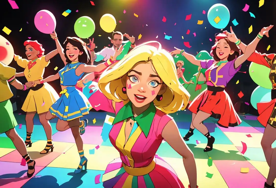 Group of diverse people joyfully dancing, wearing colorful outfits from various eras, surrounded by confetti and party decorations..