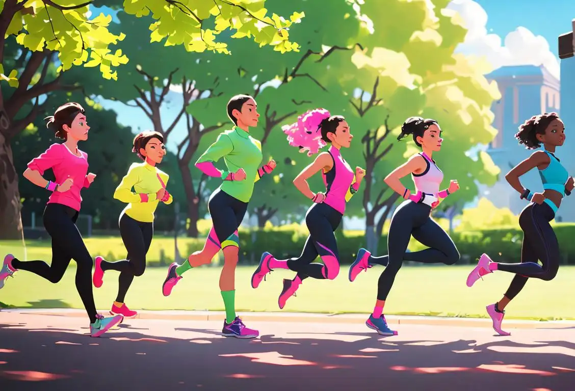 A group of diverse individuals wearing colorful workout attire, running in a scenic outdoor park, energized and motivated for National Health and Fitness Day..
