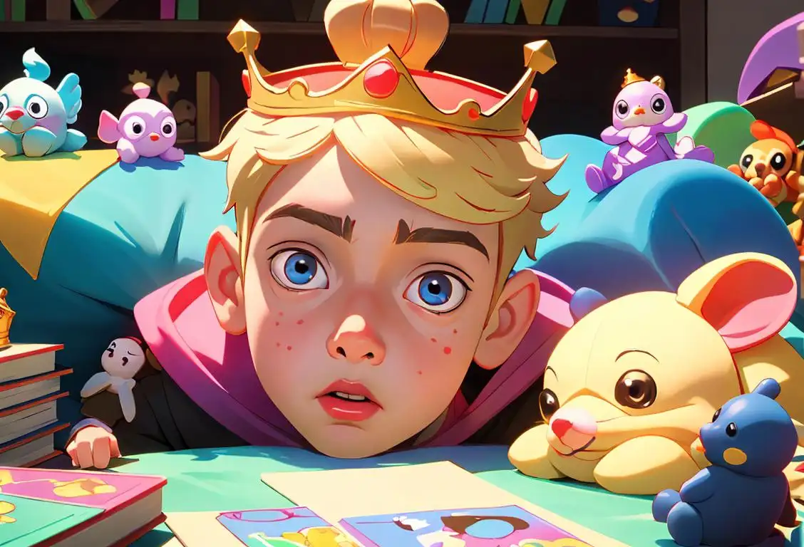 Only child, a young boy with a crown, surrounded by toys, in a colorful playroom filled with books and stuffed animals..