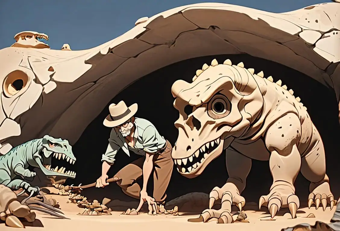 Paleontologist wearing a wide-brimmed hat, gently brushing off dirt from a dinosaur skull, surrounded by ancient fossils and tools of excavation..