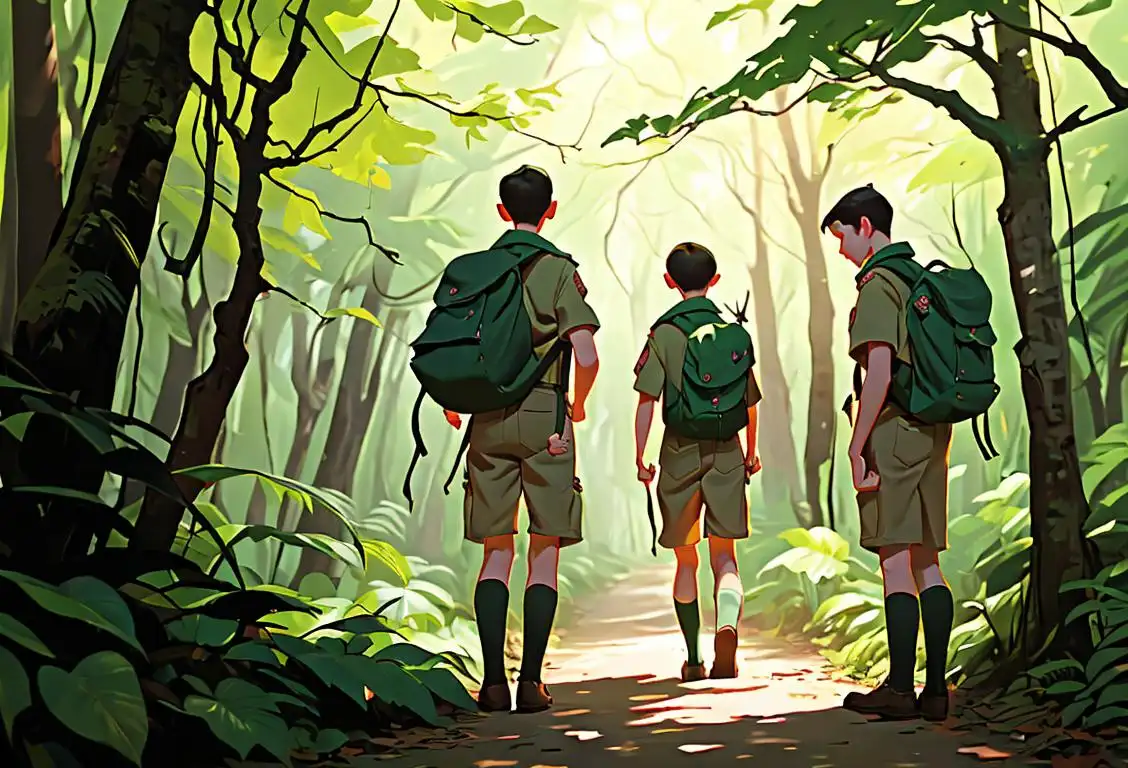 Group of young Boy Scouts wearing their uniforms, exploring a lush forest, with backpacks and compasses in hand..