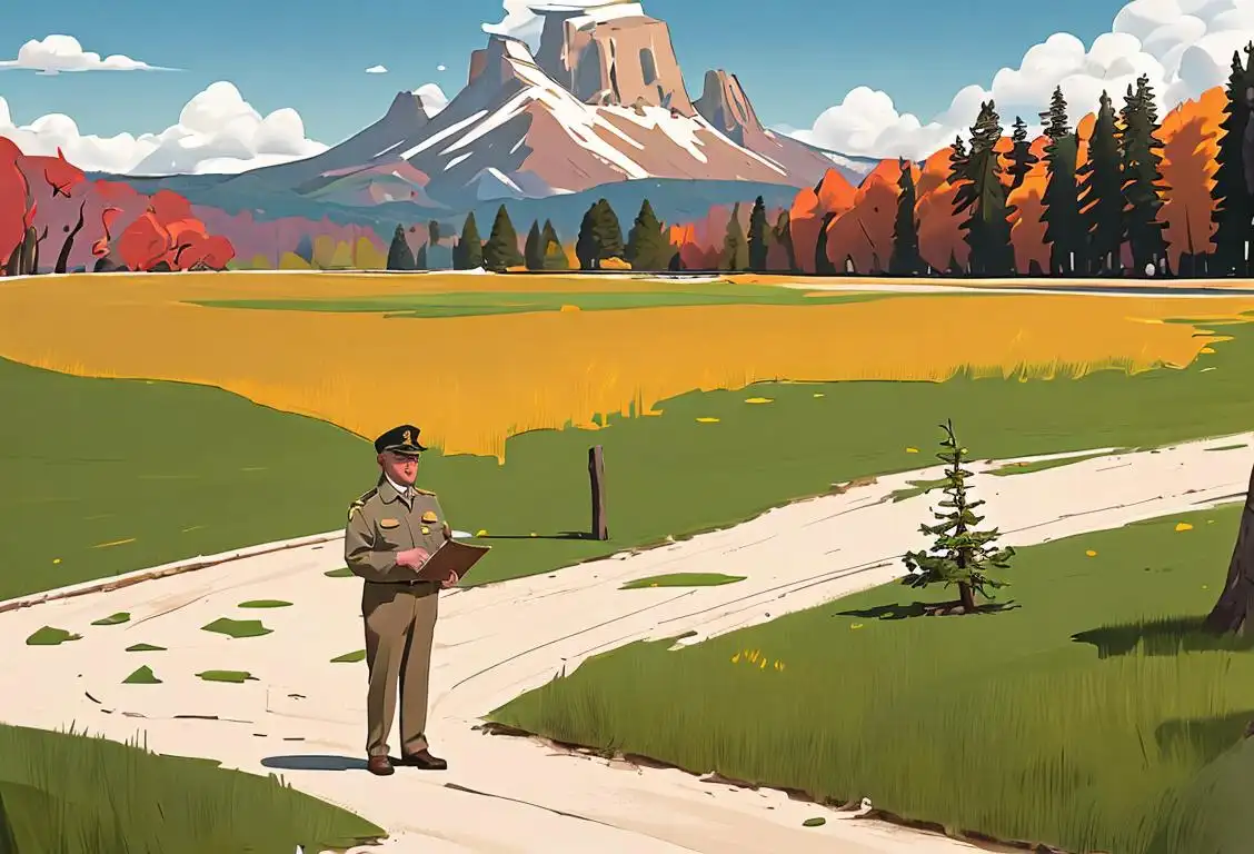 Man wearing National Park Service uniform, holding a map, surrounded by diverse group of happy visitors, scenic nature backdrop..