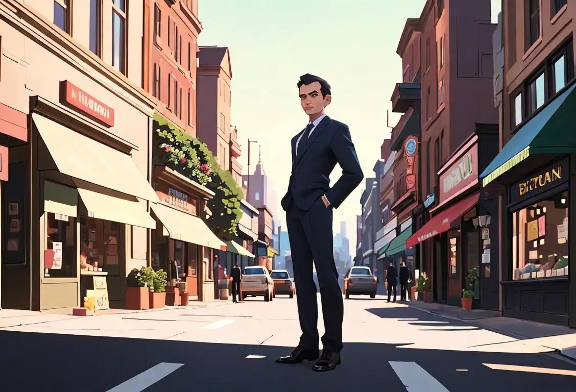 A small business owner standing confidently in front of their store, wearing a sharp suit, urban cityscape in the background..