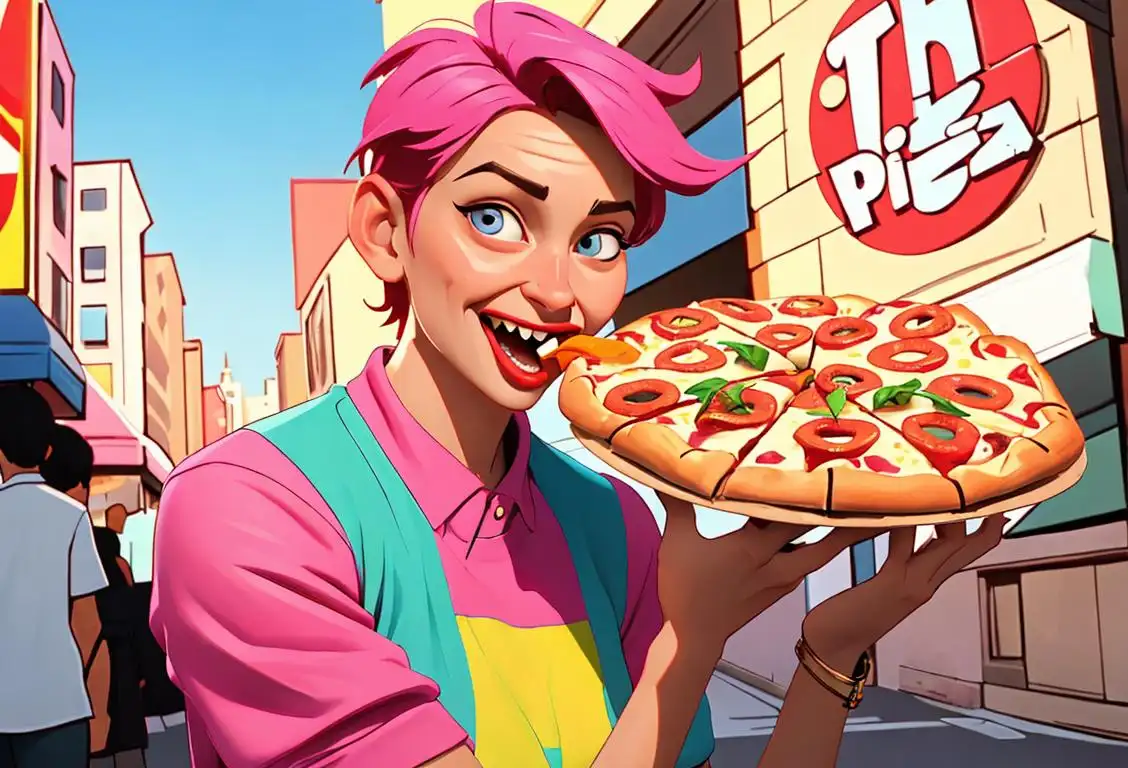 Cheerful person taking a bite out of a pizza bagel, wearing a trendy outfit, vibrant city street setting..