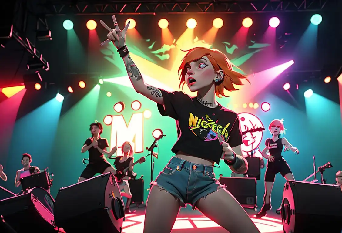 Hayley Williams rocking out on stage with bright neon lights, punk rock fashion, energetic crowd dancing and singing along..