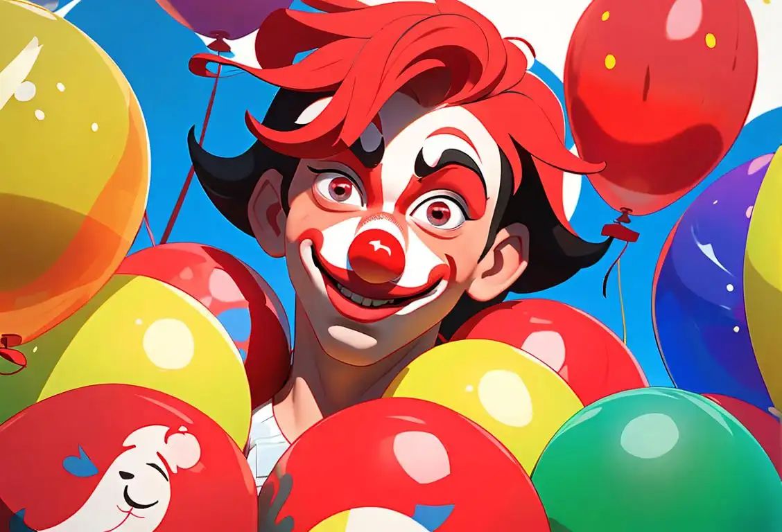 Young boy wearing a red clown nose, surrounded by colorful balloons and confetti, carnival setting..