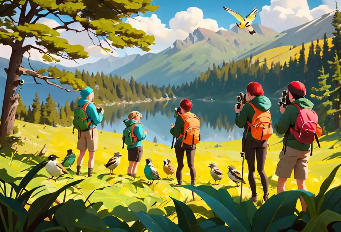 A group of people in hiking gear, wearing binoculars, exploring a beautiful natural setting, surrounded by diverse and colorful birds..