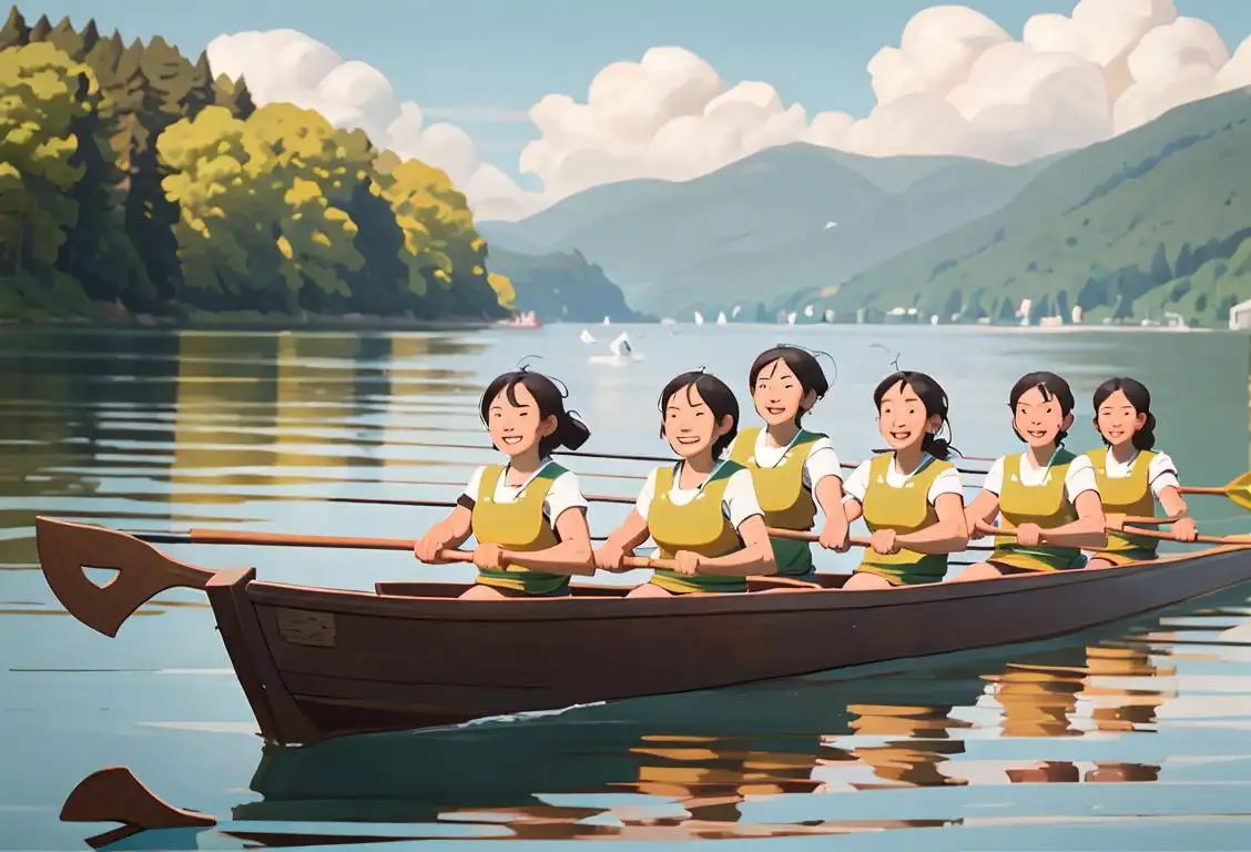 A group of smiling individuals in athletic wear, vigorously rowing together in a scenic lakeside setting..