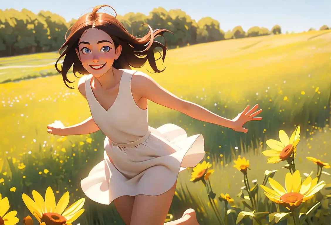 Young woman embracing freedom, wearing a flowing sundress, running through a field of wildflowers, with a mischievous smile on her face..