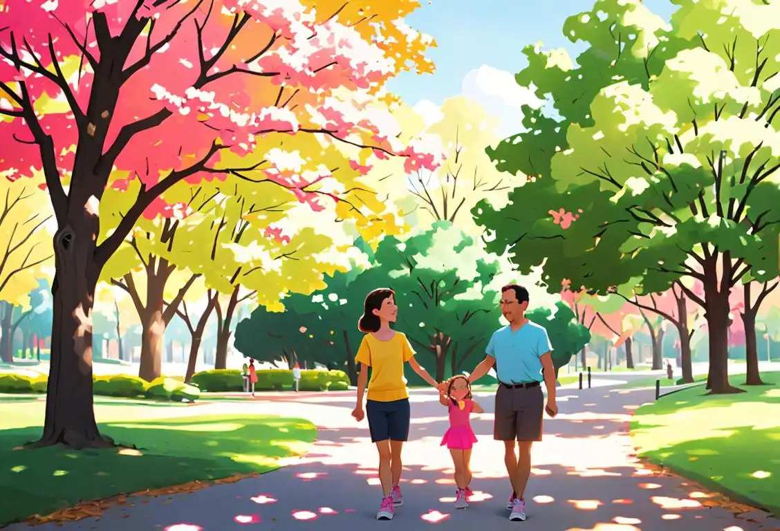 Young girl in colorful sneakers, holding hands with her parents, walking on a park trail shaded by tall trees..