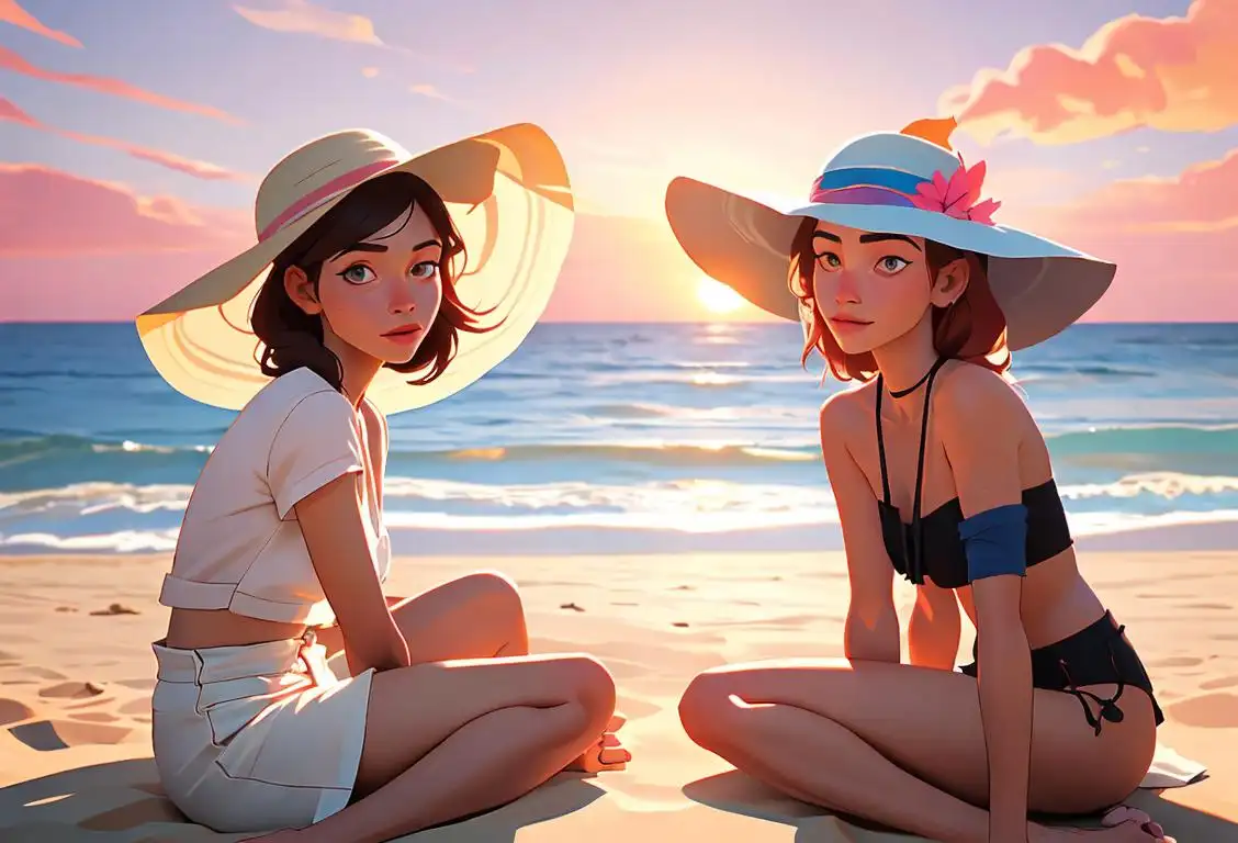 Two best friends sitting on a beach, wearing matching sun hats, boho fashion style, with a beautiful sunset in the background..