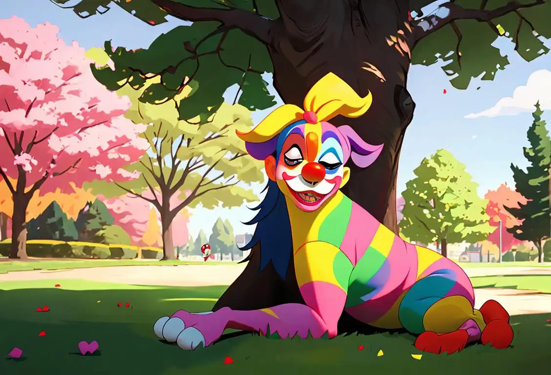 Mischievous person hiding behind a tree, wearing a clown nose, colorful clothes, sunny park setting..