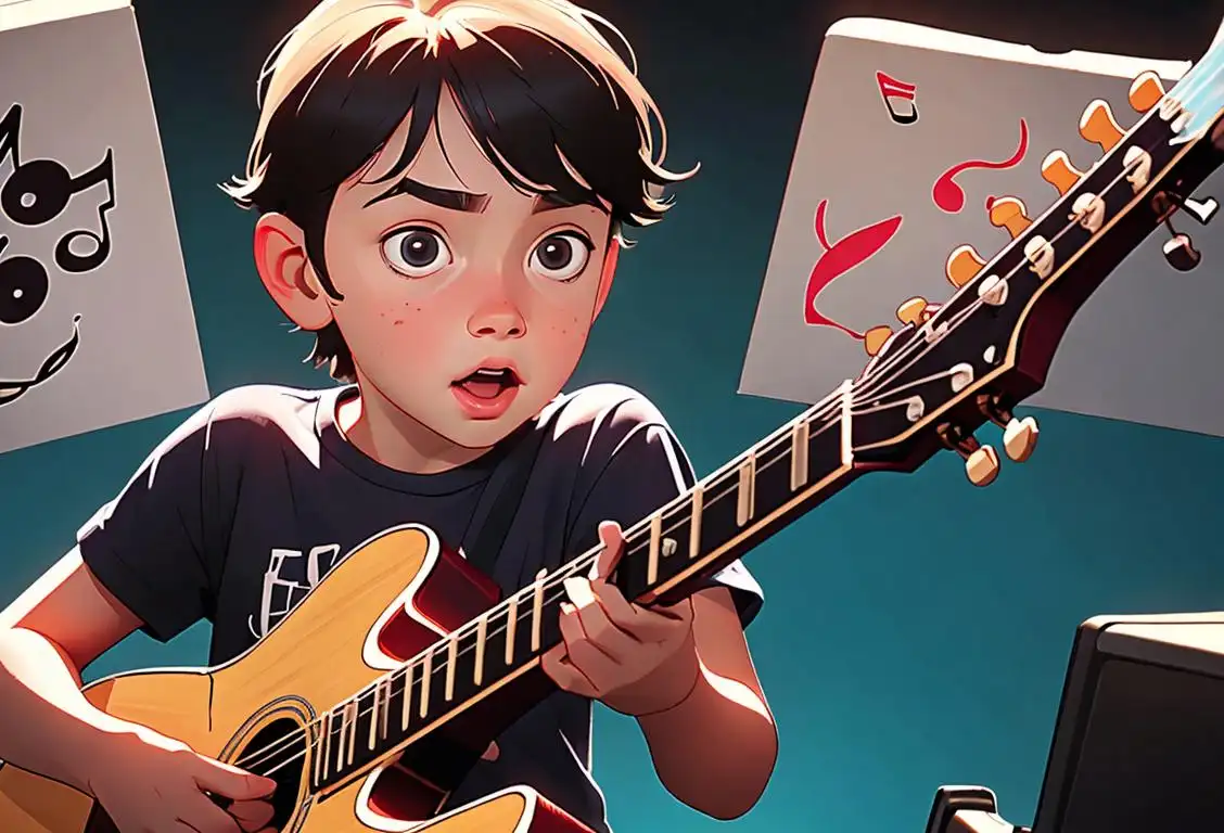 Young child holding a guitar, wearing a band t-shirt, surrounded by music notes and instruments..
