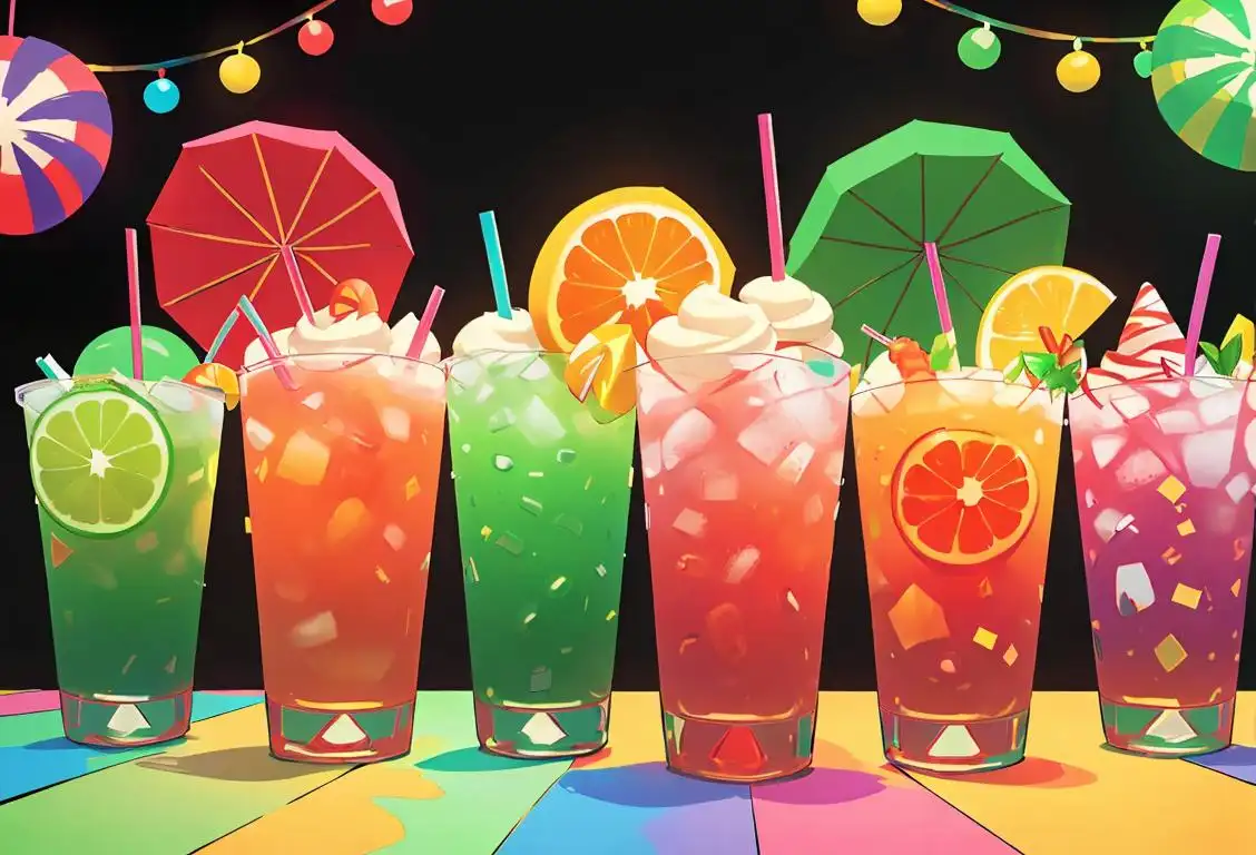 A group of diverse individuals enjoying colorful straws, wearing festive hats, party decorations, and surrounded by drinks of various colors..