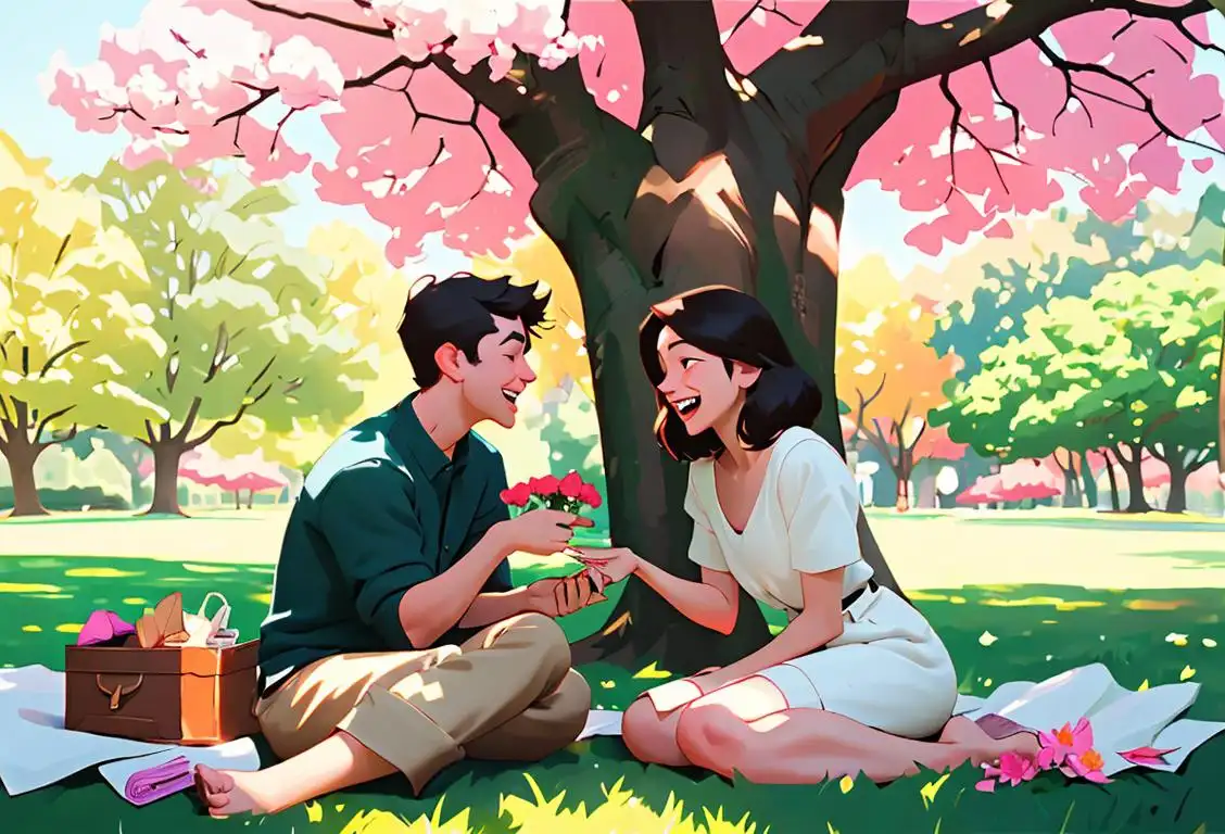 A couple sitting on a blanket under a tree, laughing and enjoying a picnic together in a beautiful park setting, surrounded by flowers and sunlight..
