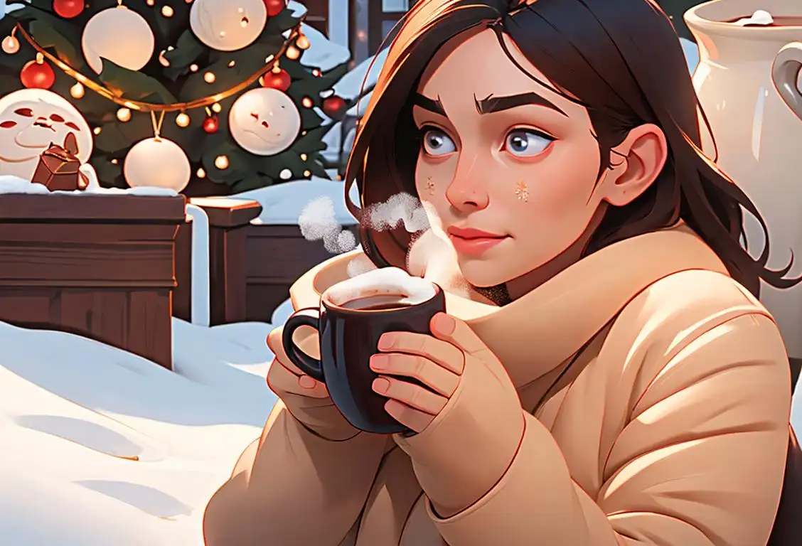 Cozy scene with a person in warm winter clothes, holding a steaming mug of hot cocoa, surrounded by holiday decorations and snowflakes..