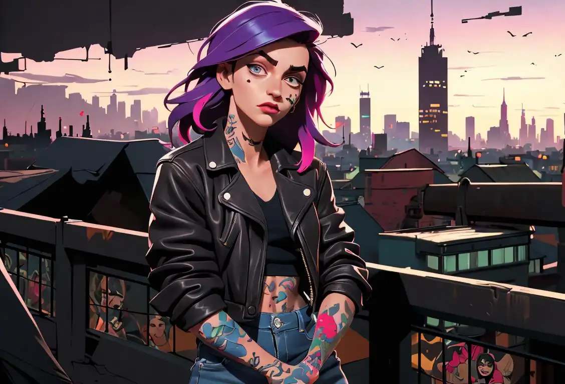 Young adult with colorful sleeve tattoos, wearing edgy leather jacket, urban cityscape background..