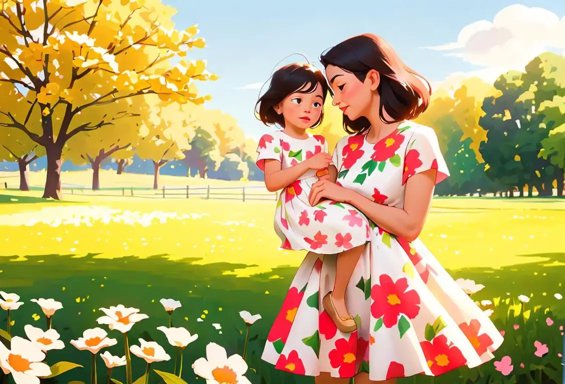 A heartwarming image of a mother and child embracing in a beautiful nature setting, with blooming flowers and a sunny sky. Mother wearing a floral dress, child wearing a cute outfit..