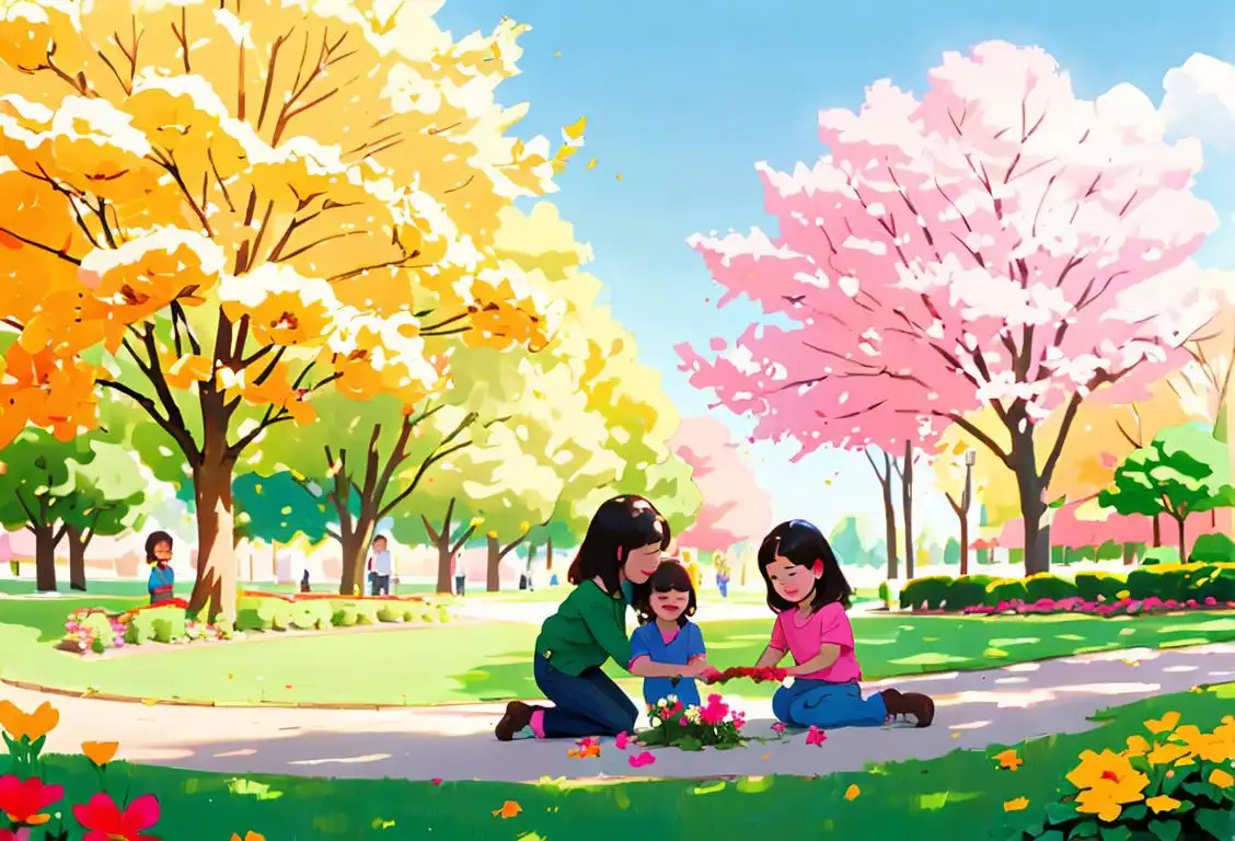 Young children planting flowers in a park, wearing colorful clothes, sunny spring day, joyful and peaceful atmosphere..