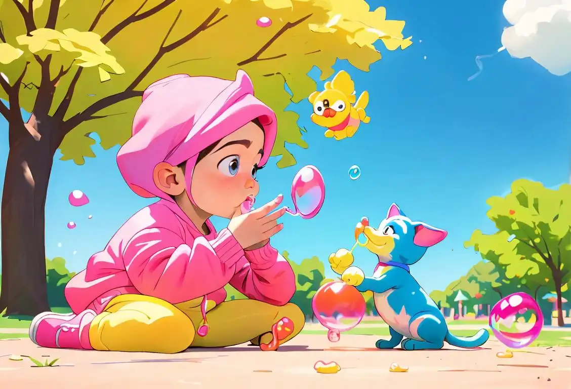 Cute toddler blowing bubbles in a sunny park, dressed in bright, colorful clothes, surrounded by a playful pet..