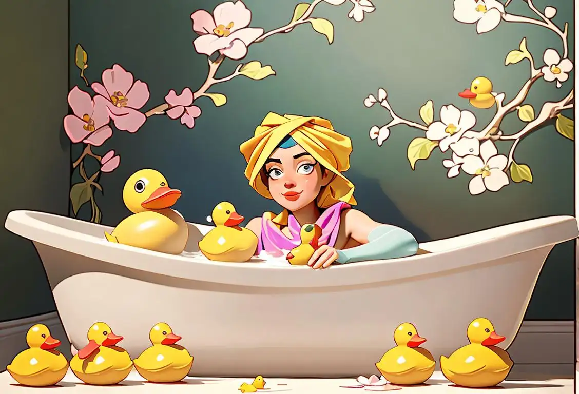 A person surrounded by bubbles having a whimsical bathtub party, wearing a towel turban with a rubber duck. Floral wallpaper adds to the relaxing atmosphere..