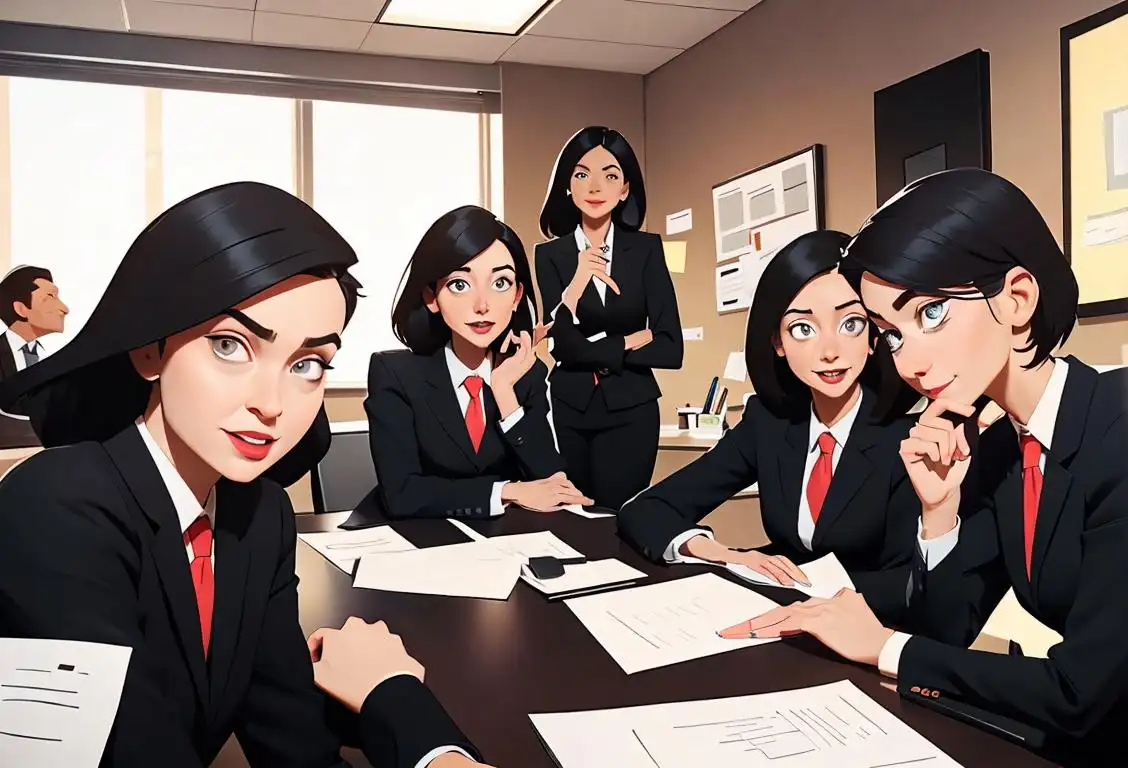 Happy Administrative Professionals Day! A diverse group of professionals in stylish attire, working together in a modern, bustling office setting..